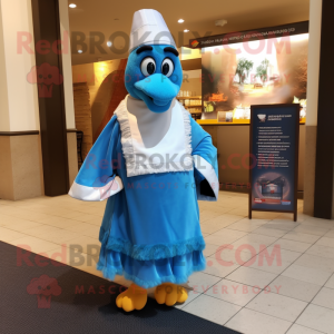 Blue Butter Chicken mascot costume character dressed with a Dress Pants and Wraps