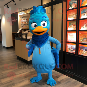 Blue Butter Chicken mascot costume character dressed with a Dress Pants and Wraps