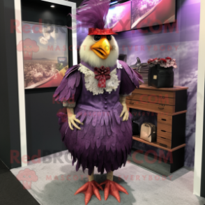 Purple Rooster mascot costume character dressed with a A-Line Skirt and Ties