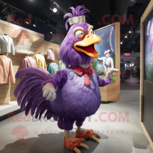 Purple Rooster mascot costume character dressed with a A-Line Skirt and Ties