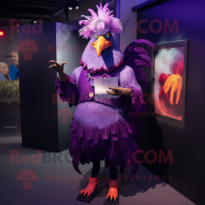 Purple Rooster mascot costume character dressed with a A-Line Skirt and Ties