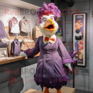 Purple Rooster mascot costume character dressed with a A-Line Skirt and Ties