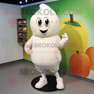 White Apricot mascot costume character dressed with a Sweatshirt and Shoe clips
