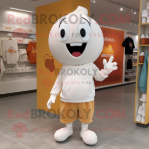 White Apricot mascot costume character dressed with a Sweatshirt and Shoe clips