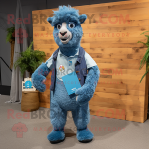 Blue Alpaca mascot costume character dressed with a Chambray Shirt and Anklets