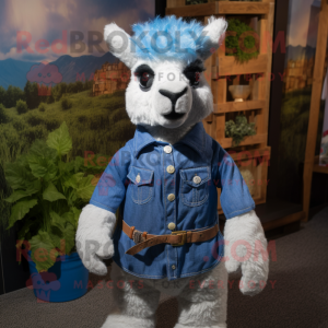 Blue Alpaca mascot costume character dressed with a Chambray Shirt and Anklets