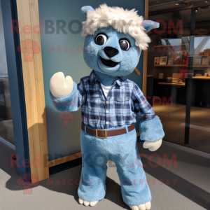 Blue Alpaca mascot costume character dressed with a Chambray Shirt and Anklets