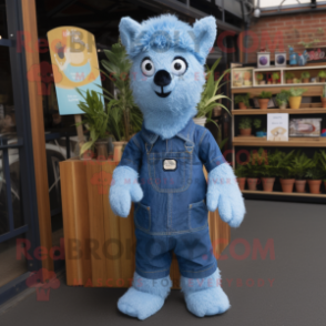 Blue Alpaca mascot costume character dressed with a Chambray Shirt and Anklets