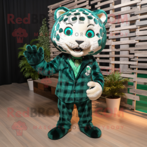 Forest Green Jaguar mascot costume character dressed with a Flannel Shirt and Hair clips