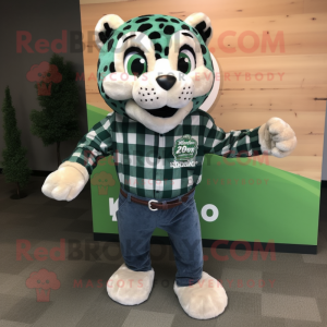 Forest Green Jaguar mascot costume character dressed with a Flannel Shirt and Hair clips