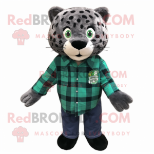 Forest Green Jaguar mascot costume character dressed with a Flannel Shirt and Hair clips