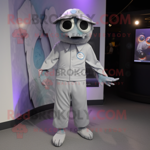Gray Gyro mascot costume character dressed with a Capri Pants and Brooches