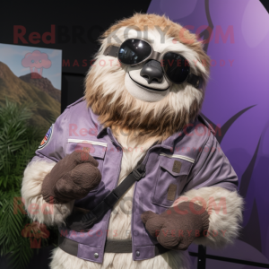 Lavender Giant Sloth mascot costume character dressed with a Moto Jacket and Belts