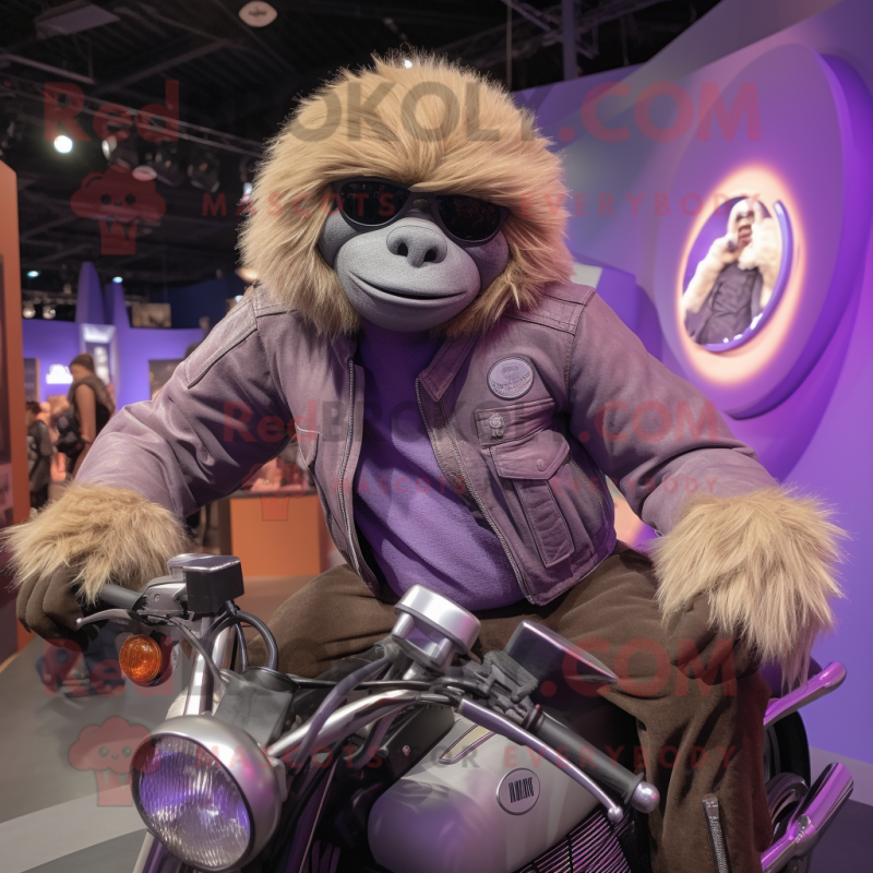 Lavender Giant Sloth mascot costume character dressed with a Moto Jacket and Belts