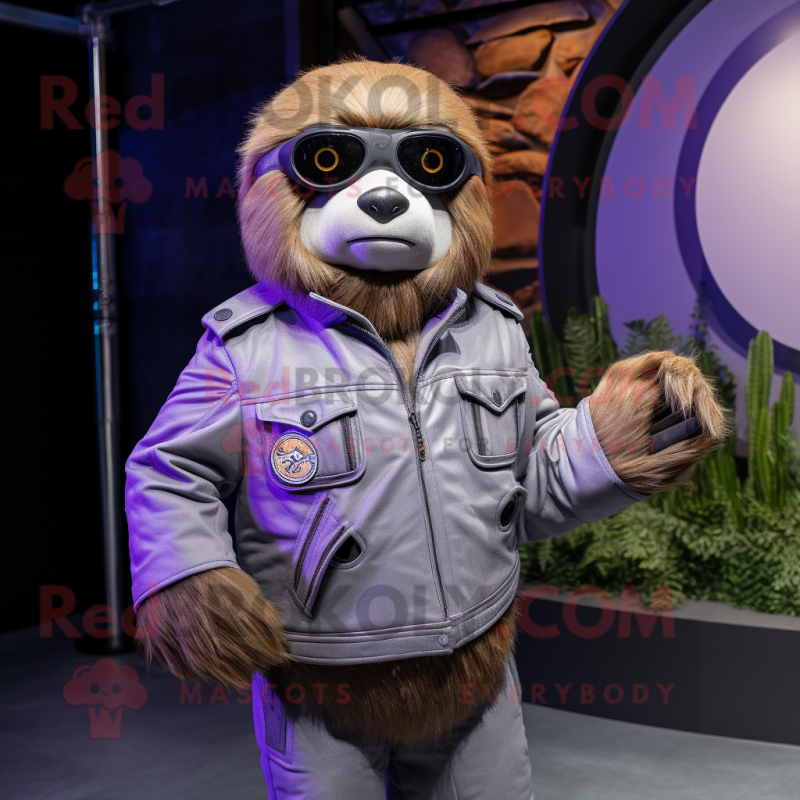 Lavender Giant Sloth mascot costume character dressed with a Moto Jacket and Belts