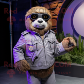 Lavender Giant Sloth mascot costume character dressed with a Moto Jacket and Belts