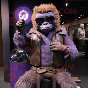 Lavender Giant Sloth mascot costume character dressed with a Moto Jacket and Belts