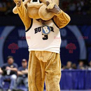 Brązowy buldog pies maskotka w odzieży sportowej -