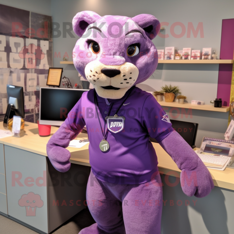 Purple Puma mascot costume character dressed with a Pencil Skirt and Keychains Purple Puma mascot costume character dressed with a Pencil Skirt and Keychains