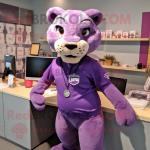 Purple Puma mascot costume character dressed with a Pencil Skirt and Keychains