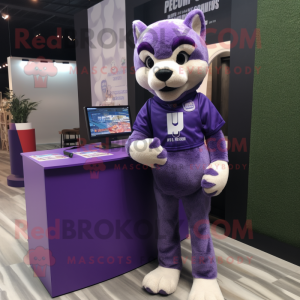 Purple Puma mascot costume character dressed with a Pencil Skirt and Keychains