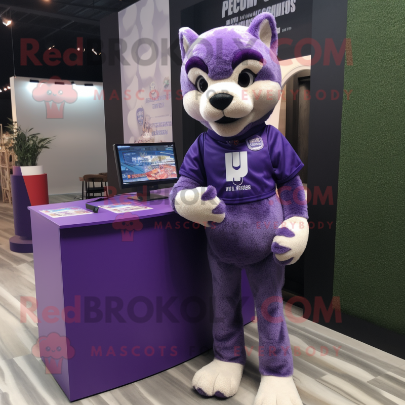 Purple Puma mascot costume character dressed with a Pencil Skirt and Keychains Purple Puma mascot costume character dressed with a Pencil Skirt and Keychains