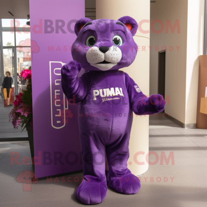 Purple Puma mascot costume character dressed with a Pencil Skirt and Keychains