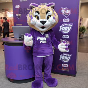 Purple Puma mascot costume character dressed with a Pencil Skirt and Keychains