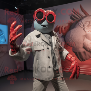 Silver Lobster Bisque mascot costume character dressed with a Jacket and Sunglasses