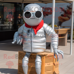 Silver Lobster Bisque mascot costume character dressed with a Jacket and Sunglasses