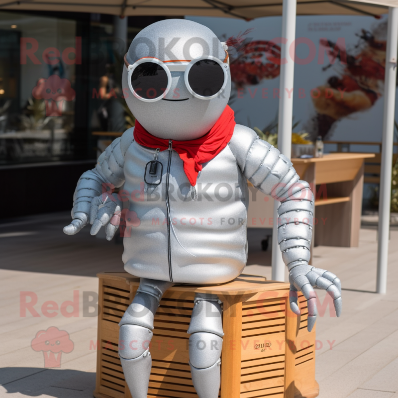 Silver Lobster Bisque mascot costume character dressed with a Jacket and Sunglasses Silver Lobster Bisque mascot costume character dressed with a Jacket and Sunglasses