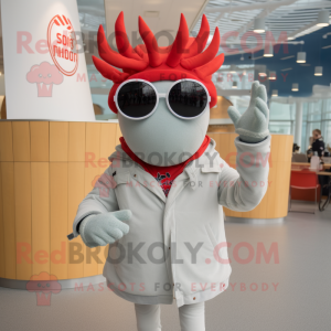 Silver Lobster Bisque mascot costume character dressed with a Jacket and Sunglasses