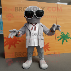 Silver Lobster Bisque mascot costume character dressed with a Jacket and Sunglasses