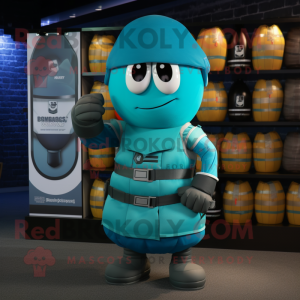 Cyan Grenade mascot costume character dressed with a Pencil Skirt and Belts