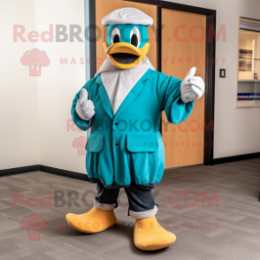 Teal Duck mascot costume character dressed with a Dress Pants and Gloves