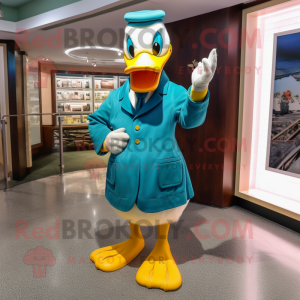 Teal Duck mascot costume character dressed with a Dress Pants and Gloves