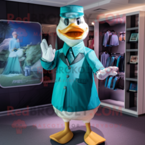 Teal Duck mascot costume character dressed with a Dress Pants and Gloves