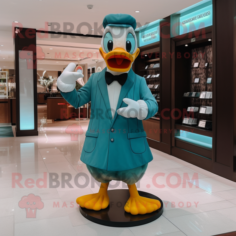 Teal Duck mascot costume character dressed with a Dress Pants and Gloves