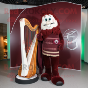 Maroon Celtic Harp mascot costume character dressed with a Tank Top and Belts
