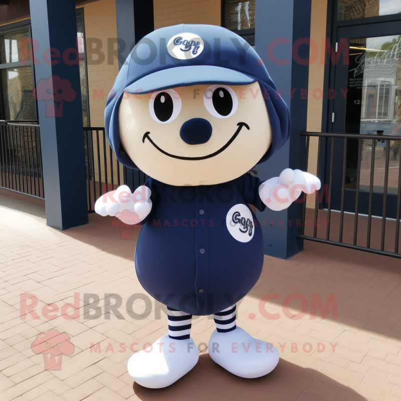 Navy Baseball Ball mascot costume character dressed with a Romper and Scarves Navy Baseball Ball mascot costume character dressed with a Romper and Scarves