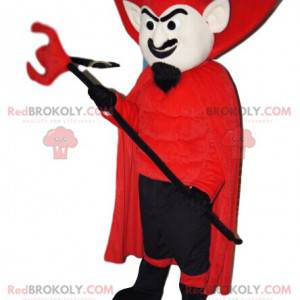 Diabeł maskotka z czerwonym kostiumem i trójzębem -