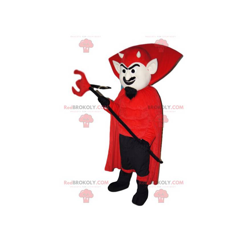 Mascote do demônio com uma fantasia vermelha e um tridente -
