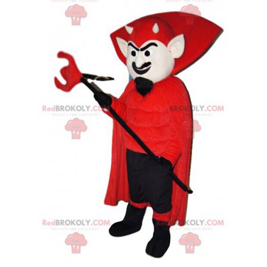 Mascote do demônio com uma fantasia vermelha e um tridente -