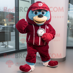 Maroon Wrist Watch mascot costume character dressed with a Joggers and Mittens