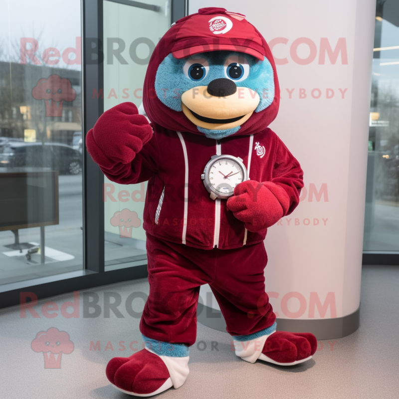 Maroon Wrist Watch mascot costume character dressed with a Joggers and Mittens Maroon Wrist Watch mascot costume character dressed with a Joggers and Mittens