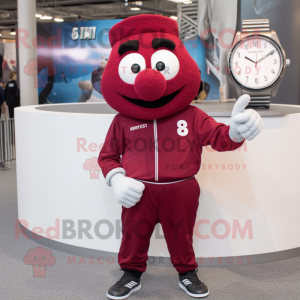 Maroon Wrist Watch mascot costume character dressed with a Joggers and Mittens