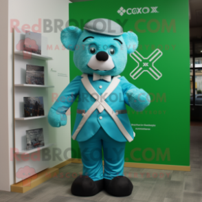 Cyan Celtic Cross mascot costume character dressed with a Coat and Bow ties