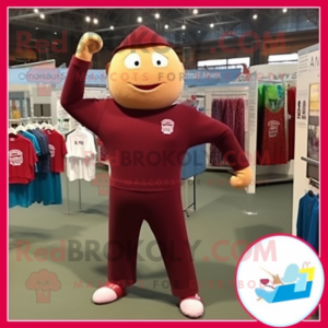 Maroon Trapeze Artist mascot costume character dressed with a Sweatshirt and Cufflinks