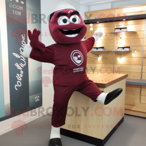 Maroon Trapeze Artist mascot costume character dressed with a Sweatshirt and Cufflinks