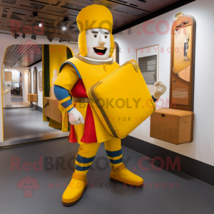 Yellow Swiss Guard mascot costume character dressed with a Leggings and Wallets
